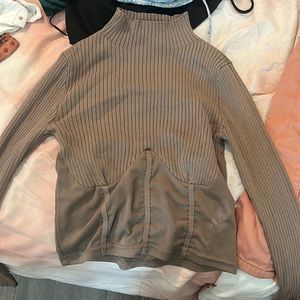 Brown beige long sleeve mesh turtle neck